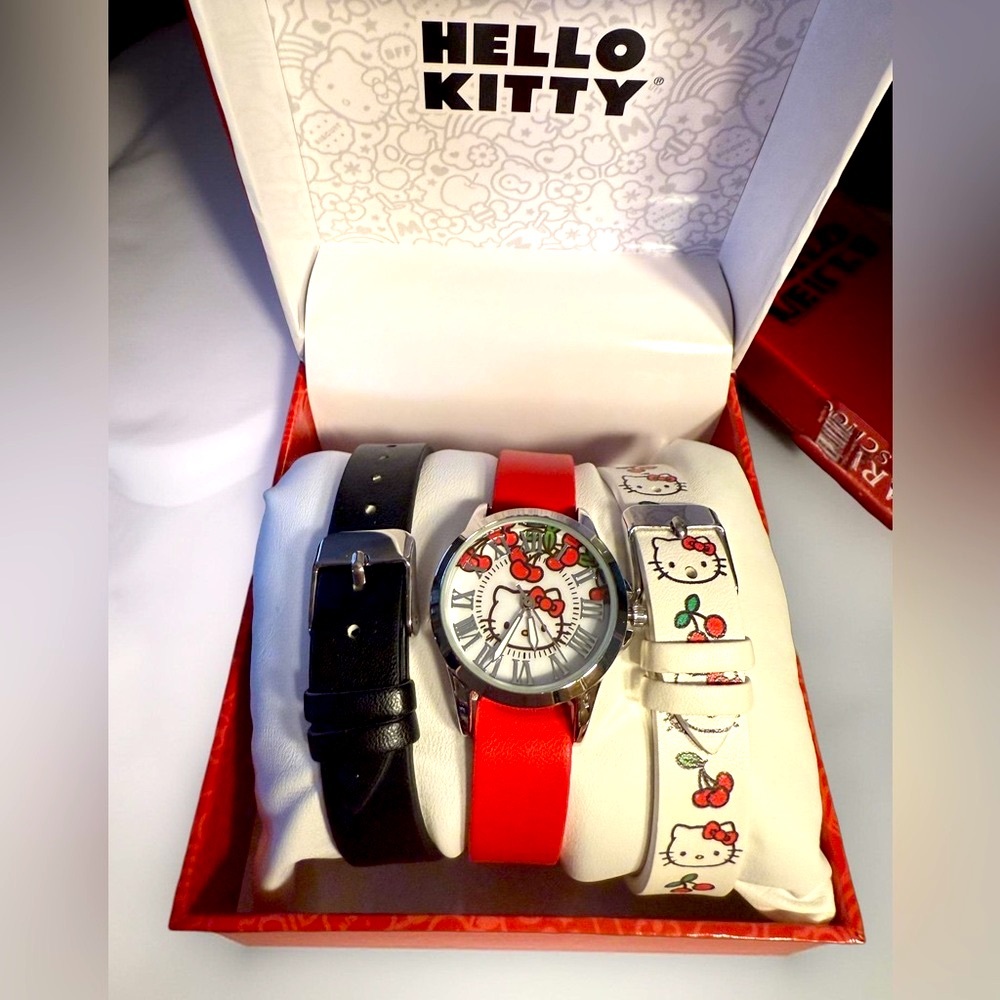 Hello Kitty NWT 3 Pc Watch Set with Black, Red, and White Cherry Straps 🍒